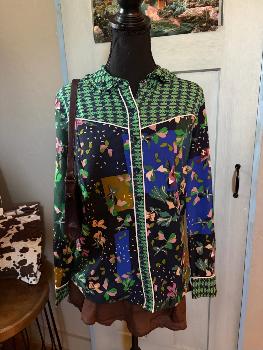 CAbi Mixed Floral Patchwork Button-Up Blouse in Green, Navy, Blue and Pink